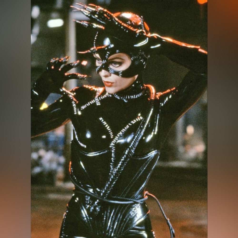 Catwoman Batman Returns Costume Elements: Mask, Gloves & Genuine Leather Whip